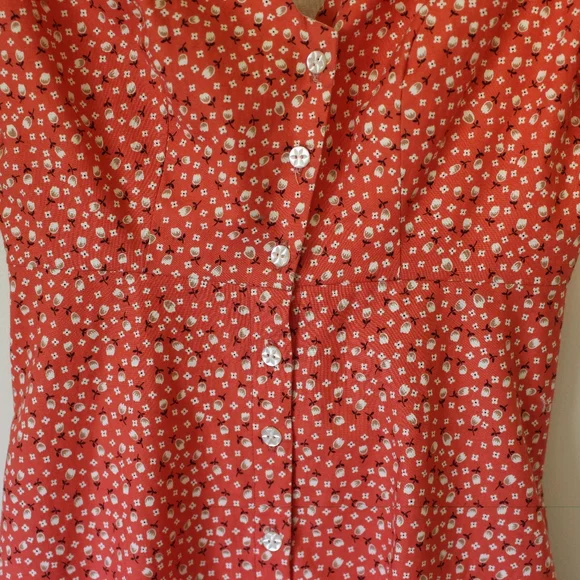 Cotton Orange Floral Short Sleeved Button Up French Style Dress - Picture 3 of 8